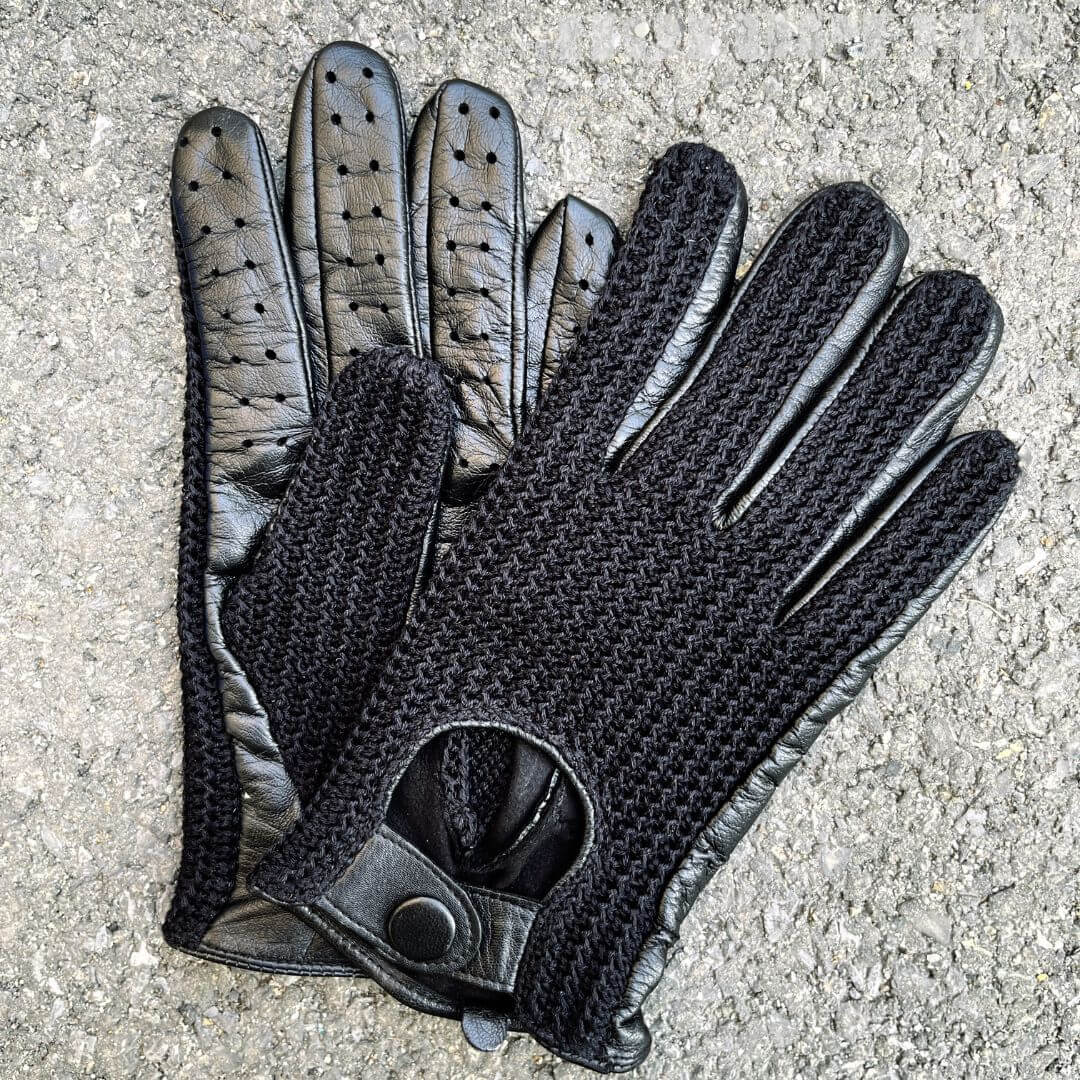 Men’s Retro Goatskin Driving Gloves with Woven Back - Black