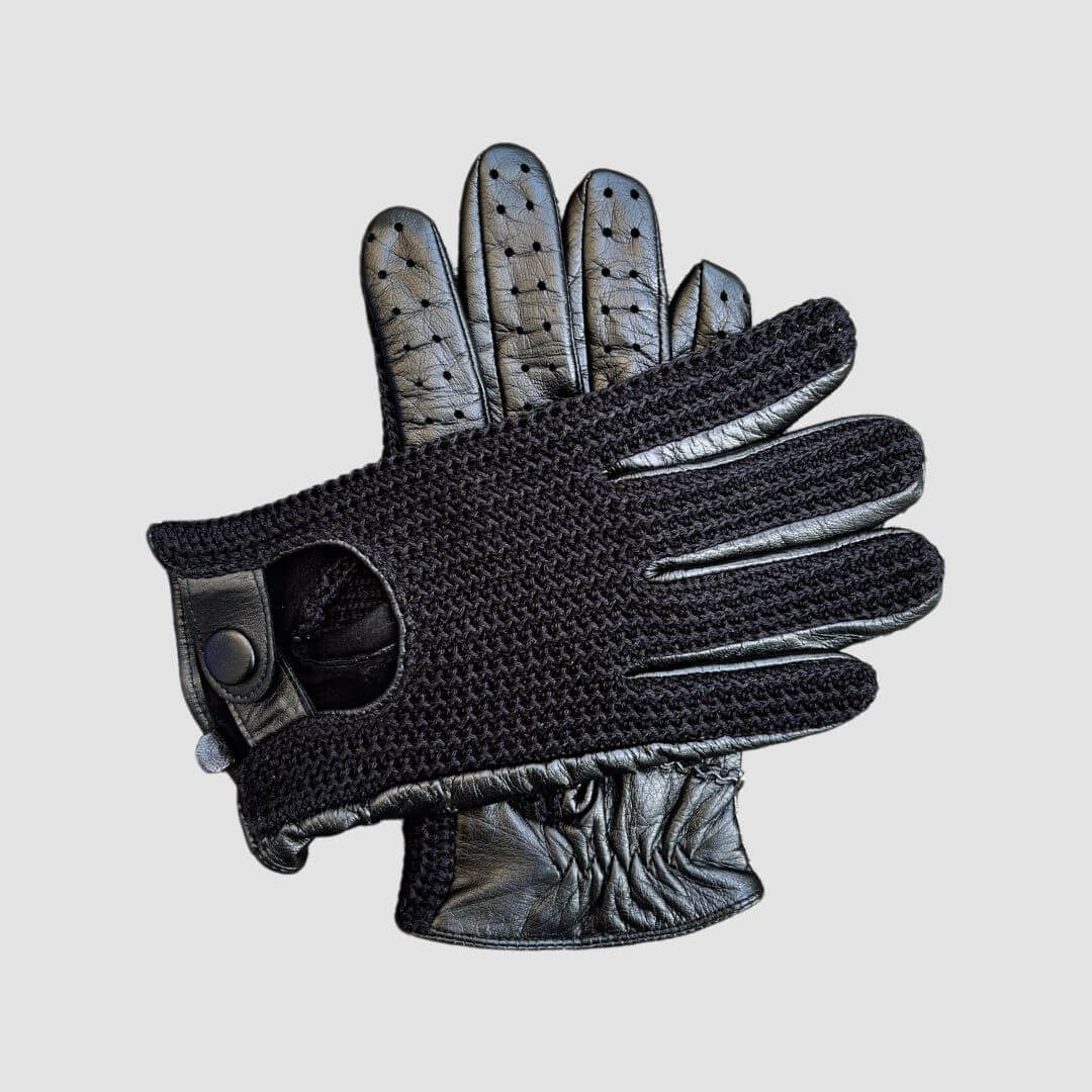 Men’s Retro Goatskin Driving Gloves with Woven Back - Black