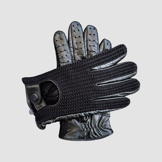 Men’s Retro Goatskin Driving Gloves with Woven Back - Black