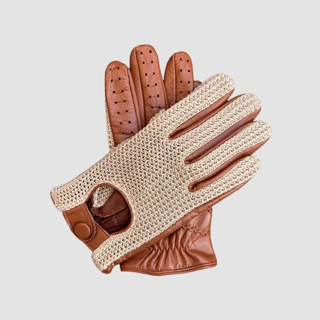Men’s Retro Goatskin Driving Gloves with Woven Back – Brown