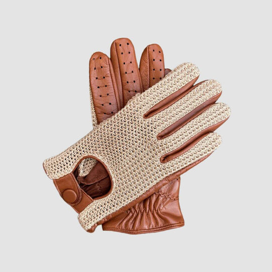 Men’s Retro Goatskin Driving Gloves with Woven Back – Brown