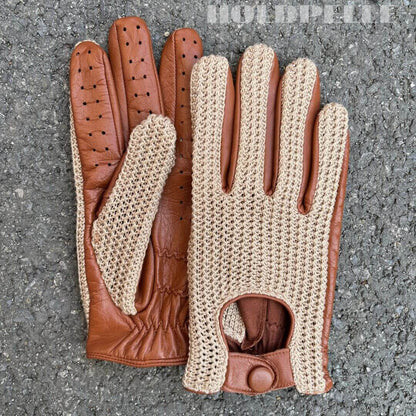 Men’s Retro Goatskin Driving Gloves with Woven Back – Brown