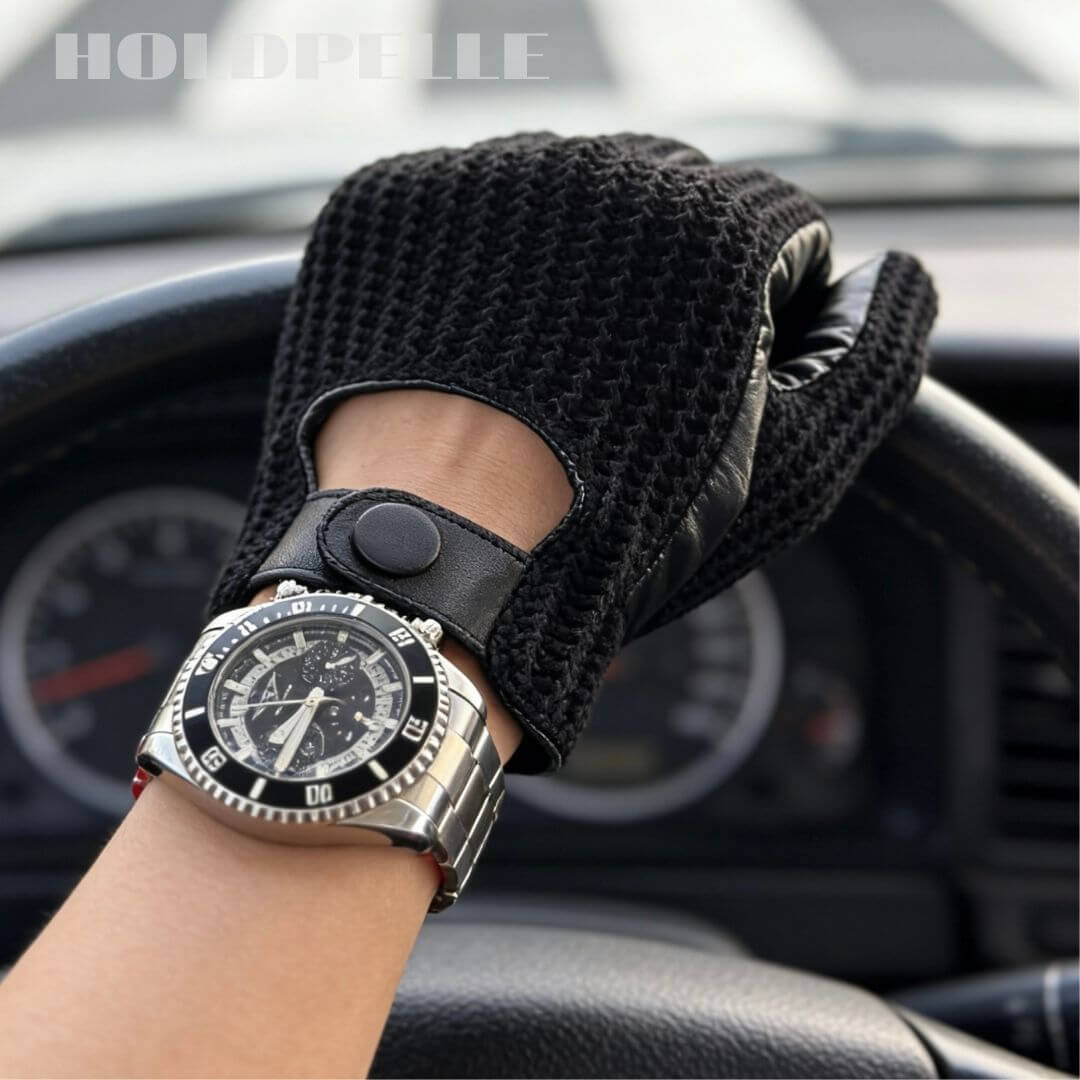 Men’s Retro Goatskin Driving Gloves with Woven Back - Black