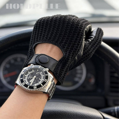 Men’s Retro Goatskin Driving Gloves with Woven Back - Black