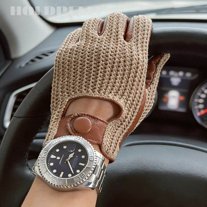Men’s Retro Goatskin Driving Gloves with Woven Back – Brown