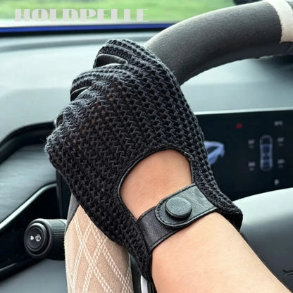 Men’s Retro Goatskin Driving Gloves with Woven Back - Black