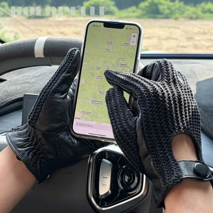 Men’s Retro Goatskin Driving Gloves with Woven Back - Black