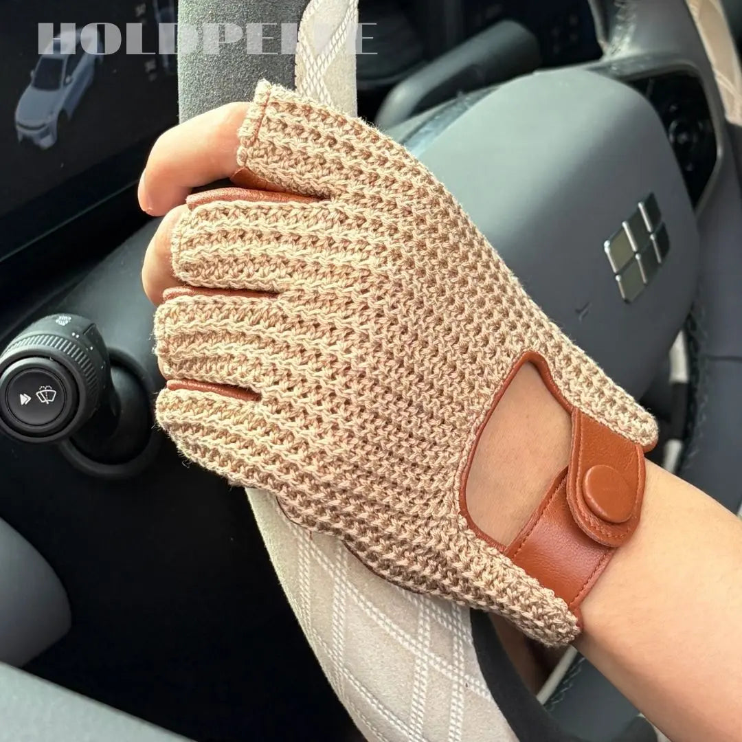 Men’s Retro Goatskin Fingerless Driving Gloves with Woven Back – Brown