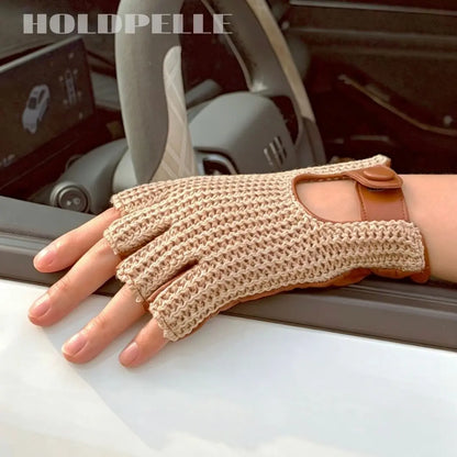 Men’s Retro Goatskin Fingerless Driving Gloves with Woven Back – Brown