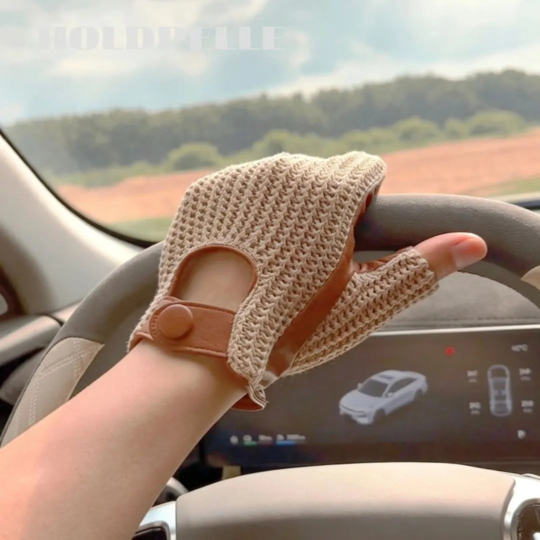Men’s Retro Goatskin Fingerless Driving Gloves with Woven Back – Brown