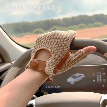 Men’s Retro Goatskin Fingerless Driving Gloves with Woven Back – Brown