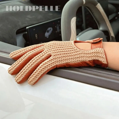 Men’s Retro Goatskin Driving Gloves with Woven Back - Black