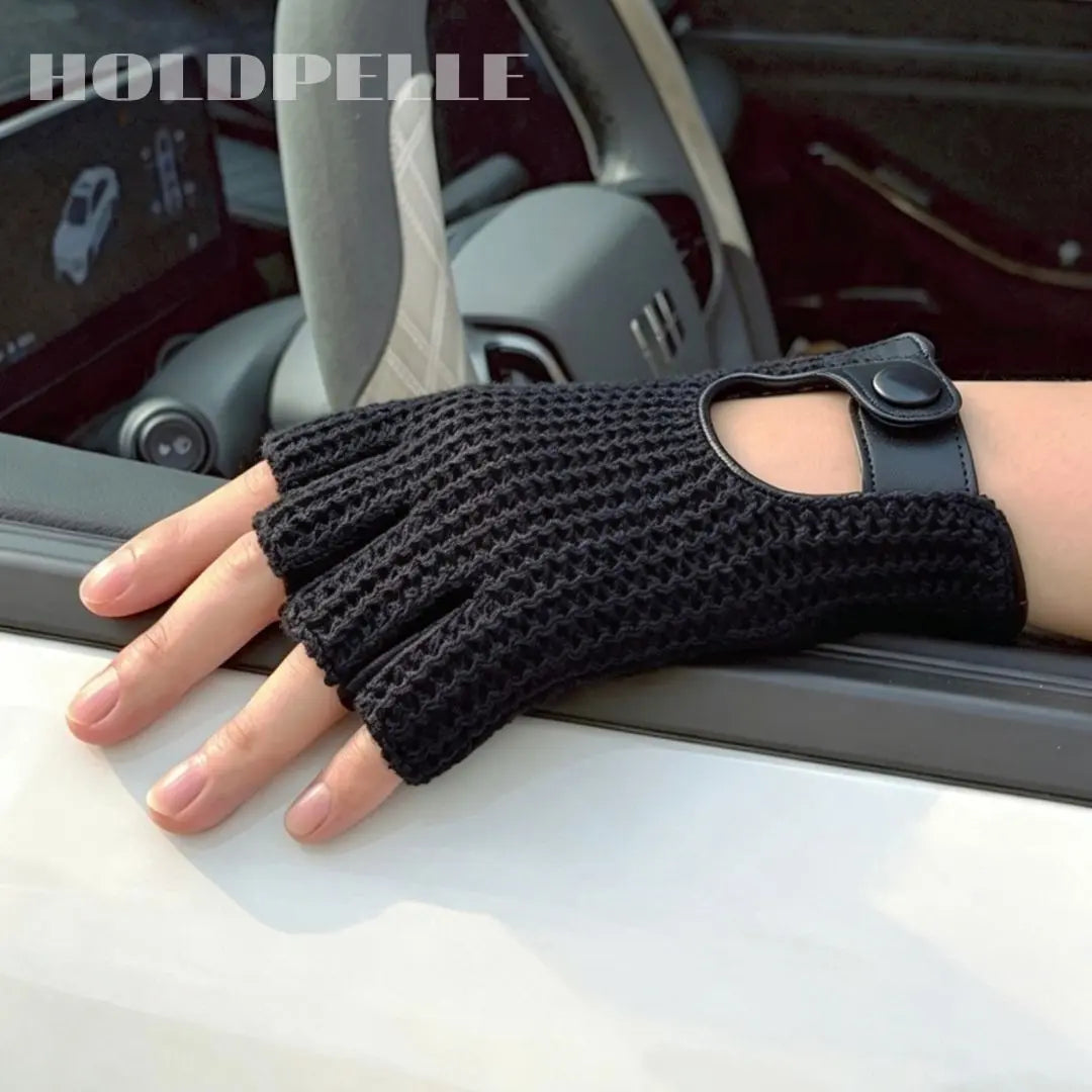 Men’s Retro Goatskin Fingerless Driving Gloves with Woven Back – Brown