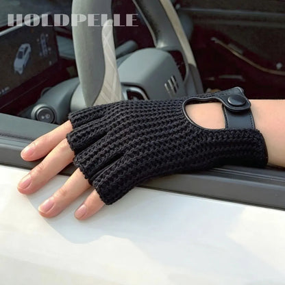 Men’s Retro Goatskin Fingerless Driving Gloves with Woven Back – Brown