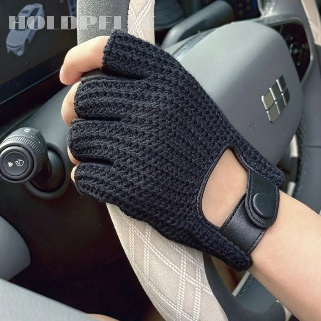 Men’s Retro Goatskin Fingerless Driving Gloves with Woven Back – Brown