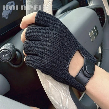 Men’s Retro Goatskin Fingerless Driving Gloves with Woven Back – Brown