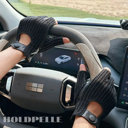 Men’s Retro Goatskin Fingerless Driving Gloves with Woven Back – Brown
