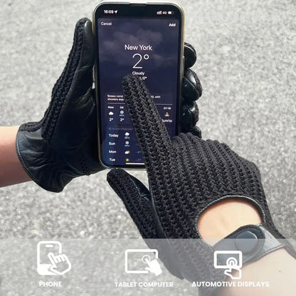 Men’s Retro Goatskin Driving Gloves with Woven Back - Black