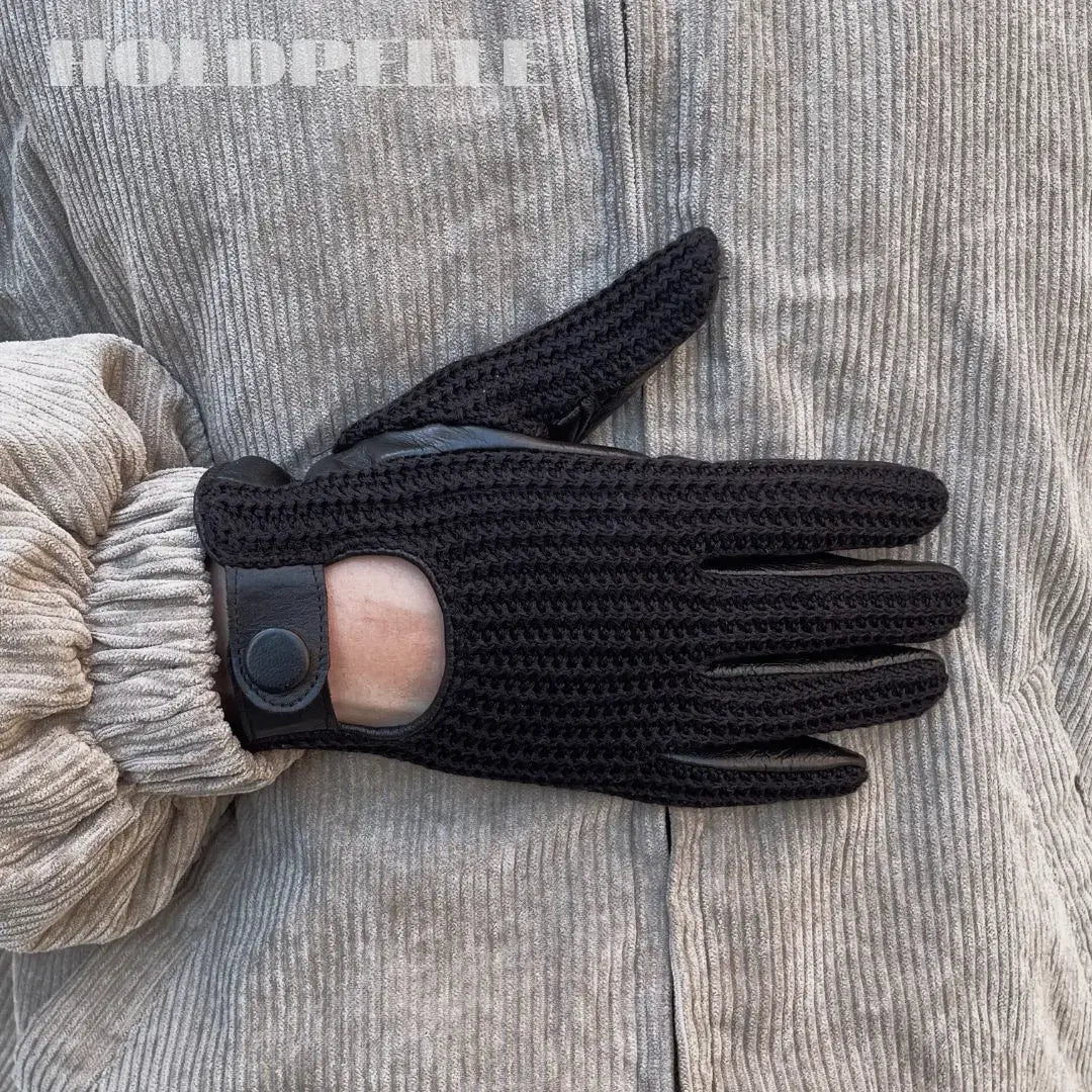 Men’s Retro Goatskin Driving Gloves with Woven Back - Black