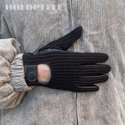 Men’s Retro Goatskin Driving Gloves with Woven Back - Black