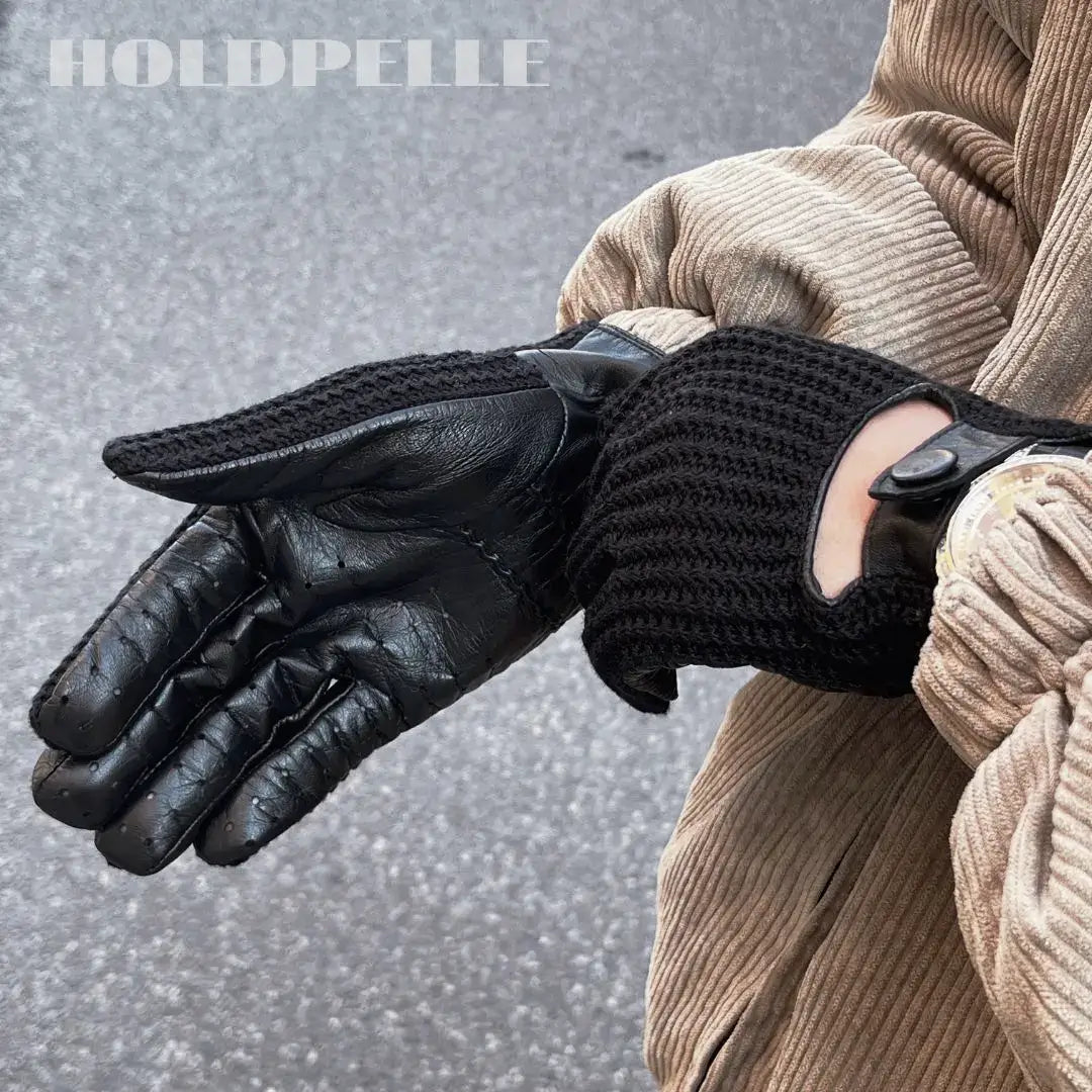 Men’s Retro Goatskin Driving Gloves with Woven Back - Black