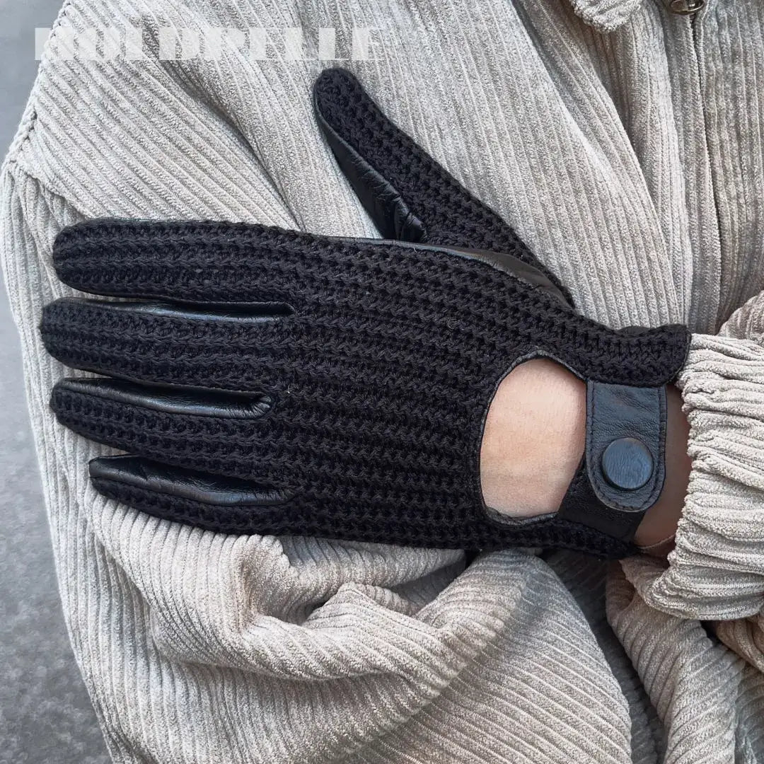 Men’s Retro Goatskin Driving Gloves with Woven Back - Black