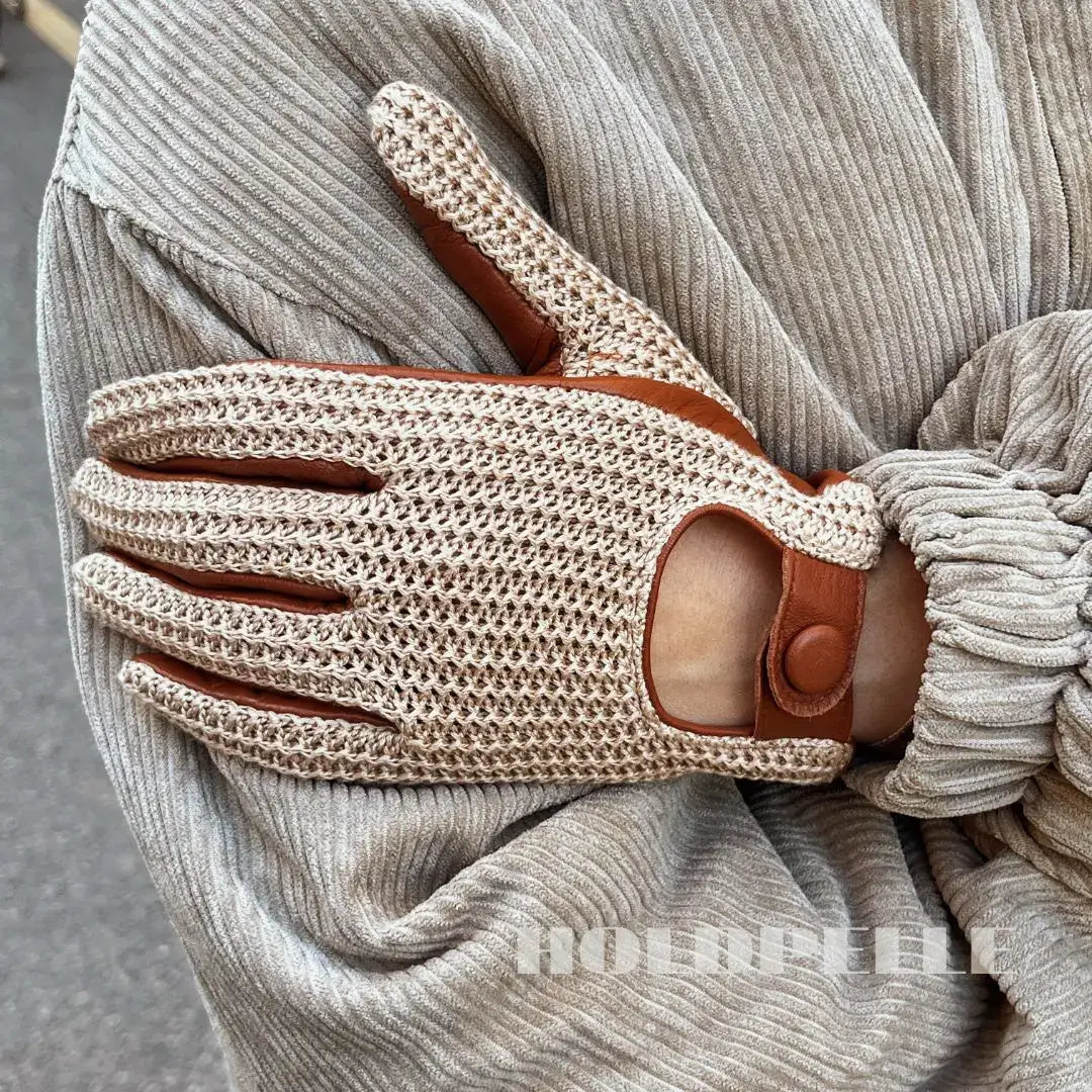 Men’s Retro Goatskin Driving Gloves with Woven Back – Brown