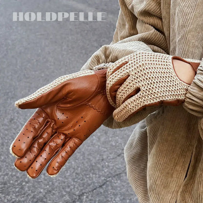 Men’s Retro Goatskin Driving Gloves with Woven Back – Brown