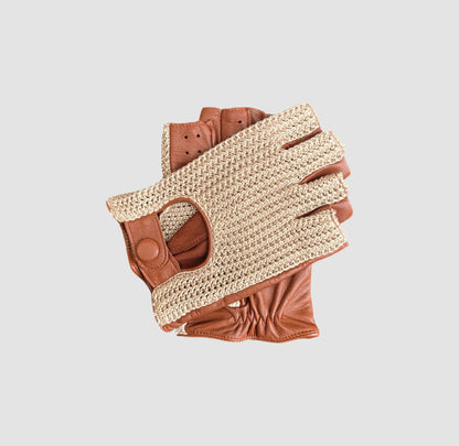 Men’s Retro Goatskin Fingerless Driving Gloves with Woven Back – Brown