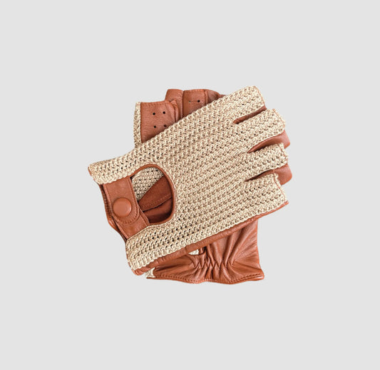 Men’s Retro Goatskin Fingerless Driving Gloves with Woven Back – Brown