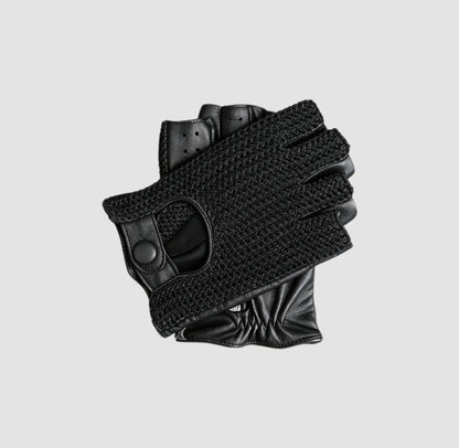 Men’s Retro Goatskin Fingerless Driving Gloves with Woven Back – Brown